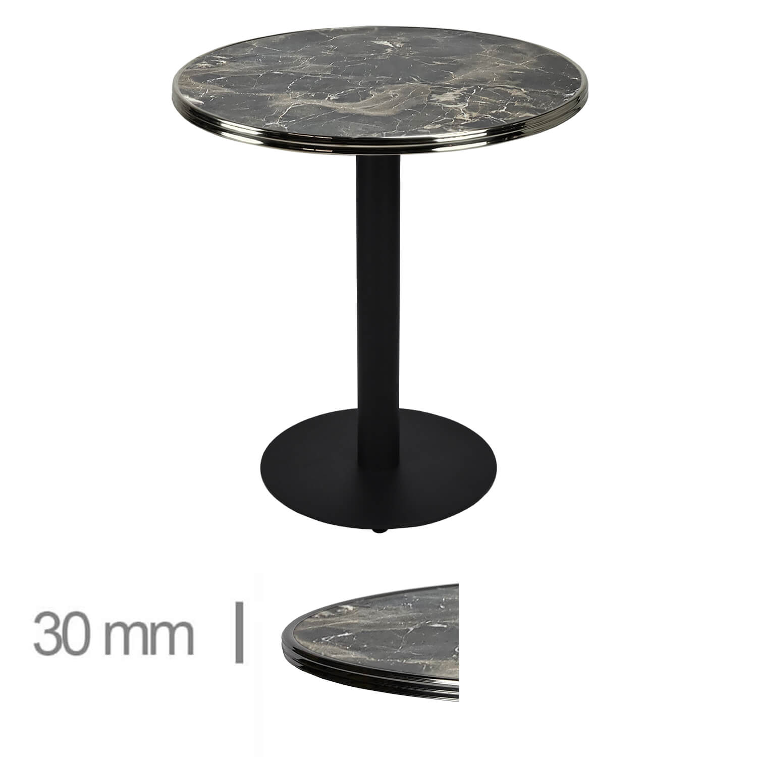 Horeca-Tafel-Rond-Met-Chroom-Rand-Werzalit-Brownie-Marble-70-Cm Horeca-Tafel-Rond-Met-Chroom-Rand-Werzalit-Brownie-Marble-70-Cm
